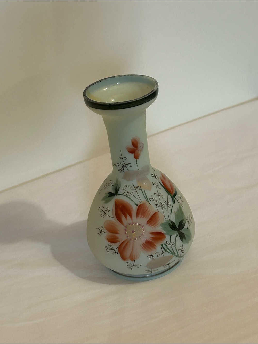Gorgeous, vintage hand painted Bristol opaline vase